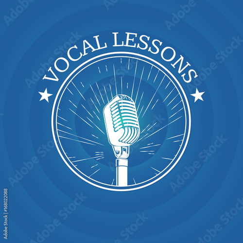 Vector vocal lessons logo with retro microphone on vintage sunburst background