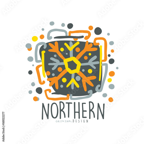 Nothern logo template, badge for nothern travel, sport, holiday, adventure colorful hand drawn vector Illustration with snow elements