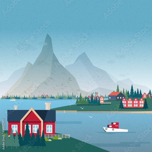 Norwegian landscape panorama. Bay view with buildings and boat. Colorful vector illustration.