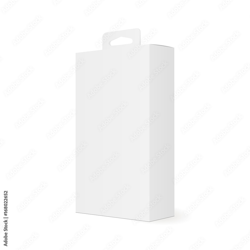 High white cardboard box with hanging tab - half side view. Rectangular blank packaging mockup for software or mobile accessories isolated. Vector illustration High white cardboard box with hanging tab - half side view. Rectangular blank packaging mockup for software or mobile accessories isolated. Vector illustration