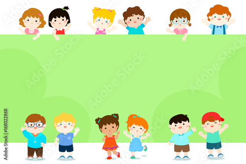 Happy children holding blank poster template for advertising.brochure ready for your message.