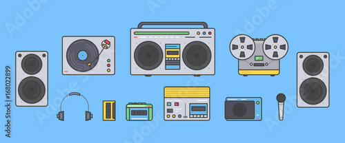 Sound systems retro collection. Portable player, headphones, cassette player, stereo system, speakers, record player, tape recorder, mic, radio, vinyl player. Colorful vector line art illustration set