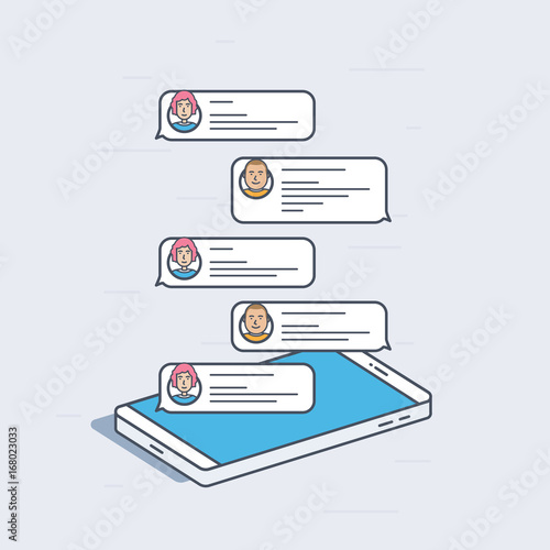 Isometric mobile phone with chat messages, notifications concept. Colorful modern vector illustration.