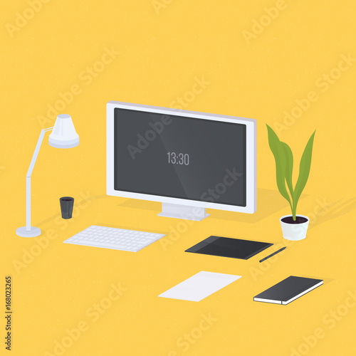 Modern designer workplace. Monitor, lamp, keyboard, plant, notebook, computer...