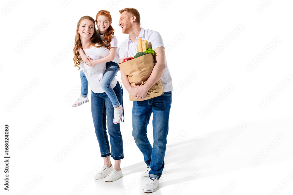 happy family with grocery bag happy family with grocery bag