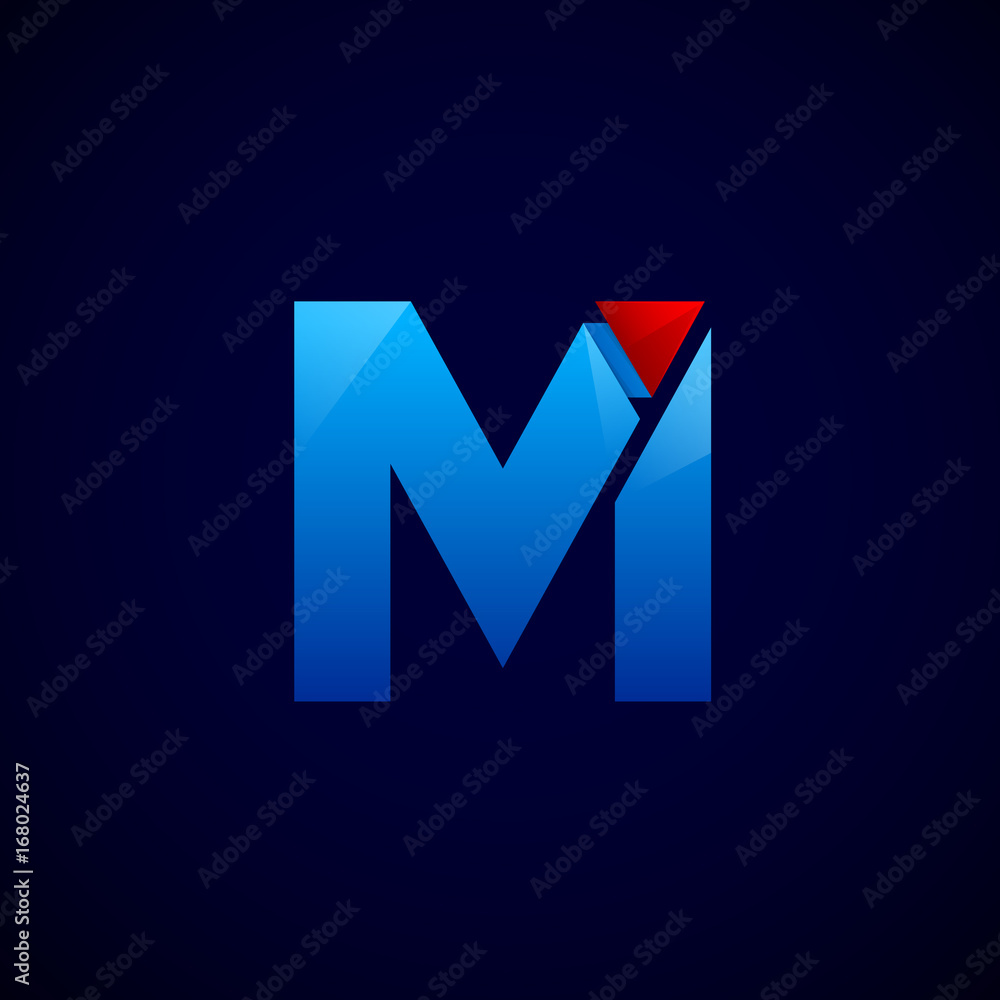 Letter M with Modern glossy and Triangle logo, Arrow and forward, Vector abstract origami, Digital, Technology, Media logotype