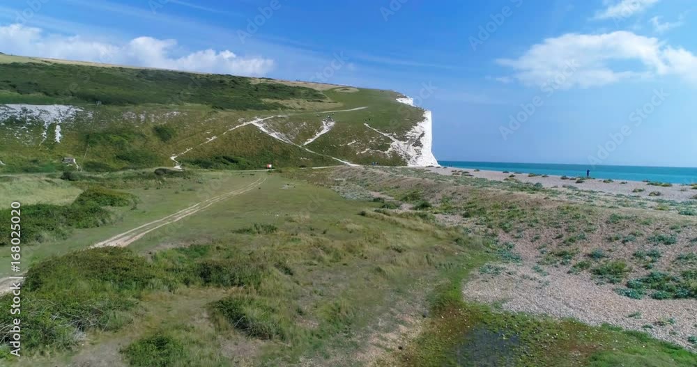 Aerial view of a famous cliff area by the sea in Southern England called Seven Sisters