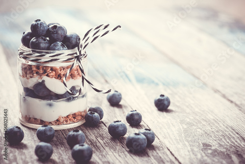 Parfait. Blueberries with greek yoghurt and muesli
