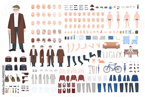 Old man character constructor, creation set. Different grandfather postures, hairstyle, face, legs, hands, clothes, accessories. Vector cartoon illustration. Front, side, back view