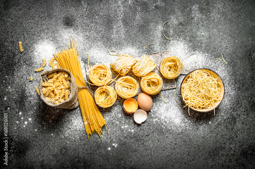 Pasta background. Cooking different types of pasta.