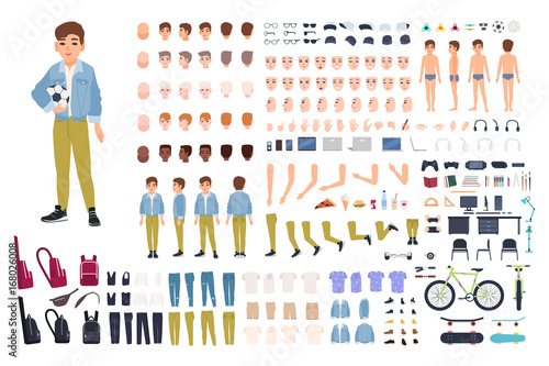 Little boy character constructor. Male child creation set. Different postures, hairstyle, face, legs, hands, clothes, accessories collection. Vector cartoon illustration. Front, side, back view