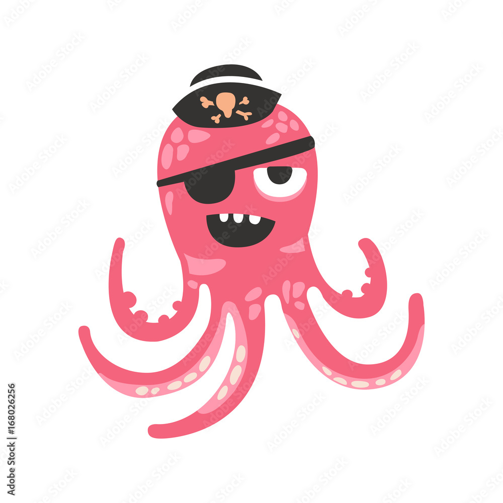 Cute cartoon pink octopus character pirate with an eye patch, funny ocean  coral reef animal vector Illustration Stock Vector | Adobe Stock