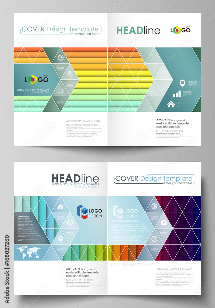 Business templates for bi fold brochure, magazine, flyer, booklet. Cover template, vector layout in A4 size. Bright color abstract beautiful background, colorful design, geometric rectangular shapes.