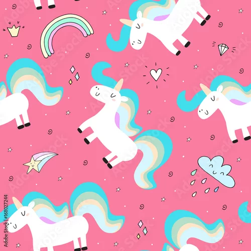 Fototapeta ładny jednorożec na różowym tle. wektor wzór