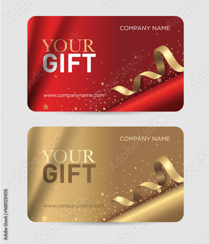 Gift card with gold ribbons, serpentine and glitter. Christmas gift certificate. Vector template for gift card, coupon and certificate for a spa, beauty salon, shops, cosmetics and restaurants