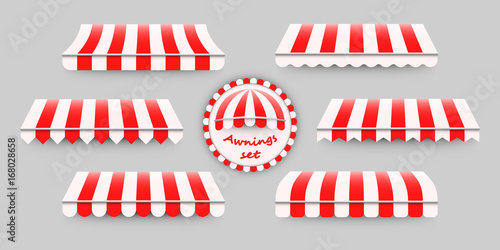 Striped, red and white awnings set. Vector illustration of six different awning templates, good design elements for shops, stores, web, advertisement, decoration, backgrounds.