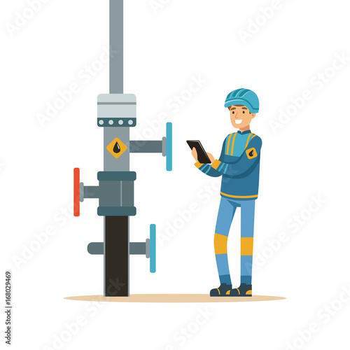 Oilman inspecting an oil pipeline, oil industry extraction and refinery production vector Illustration