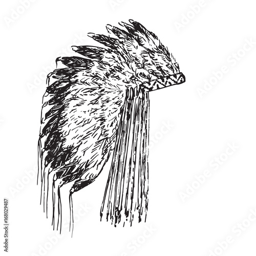 Eagle feather hat of indians, hand drawn doodle, sketch in woodcut style, black and white vector illustration