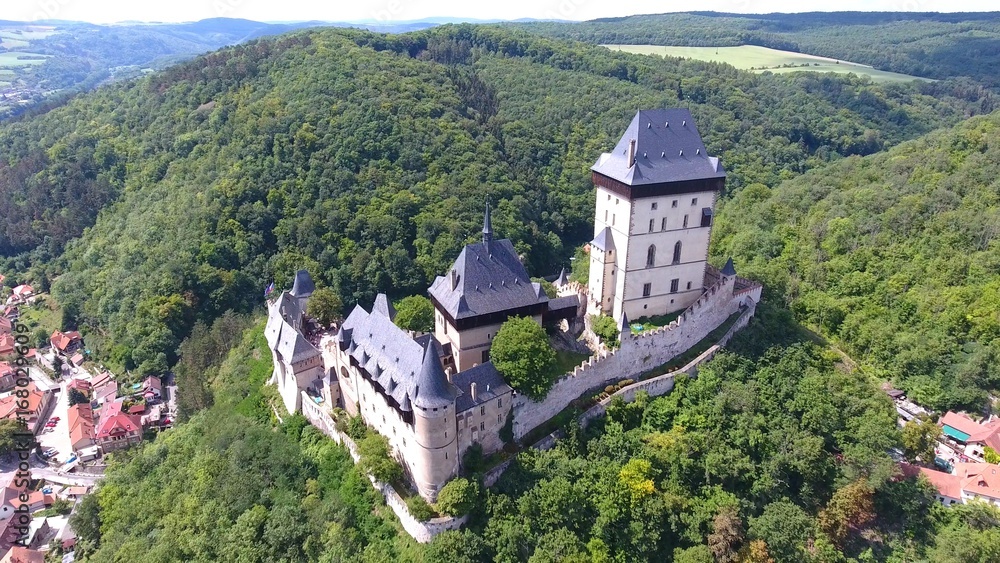 Aerial view of Medieval castle Karlstejn in Czech republic, Drone view