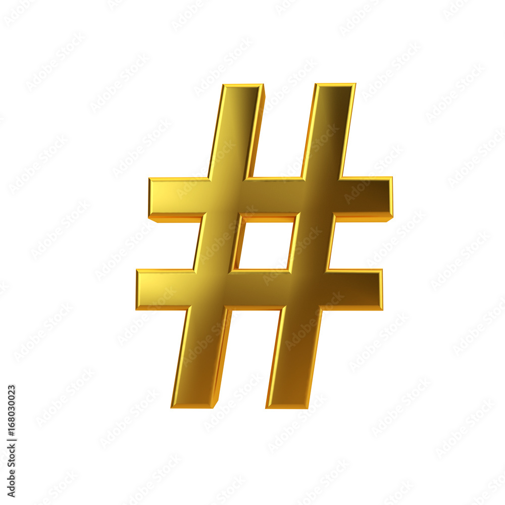 Obraz premium Shiny gold hashtag symbol on a plain white background. 3D Rendering
