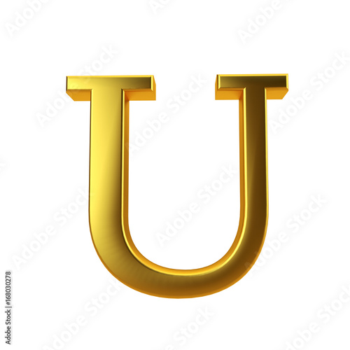 Shiny gold letter U on a plain white background. 3D Rendering