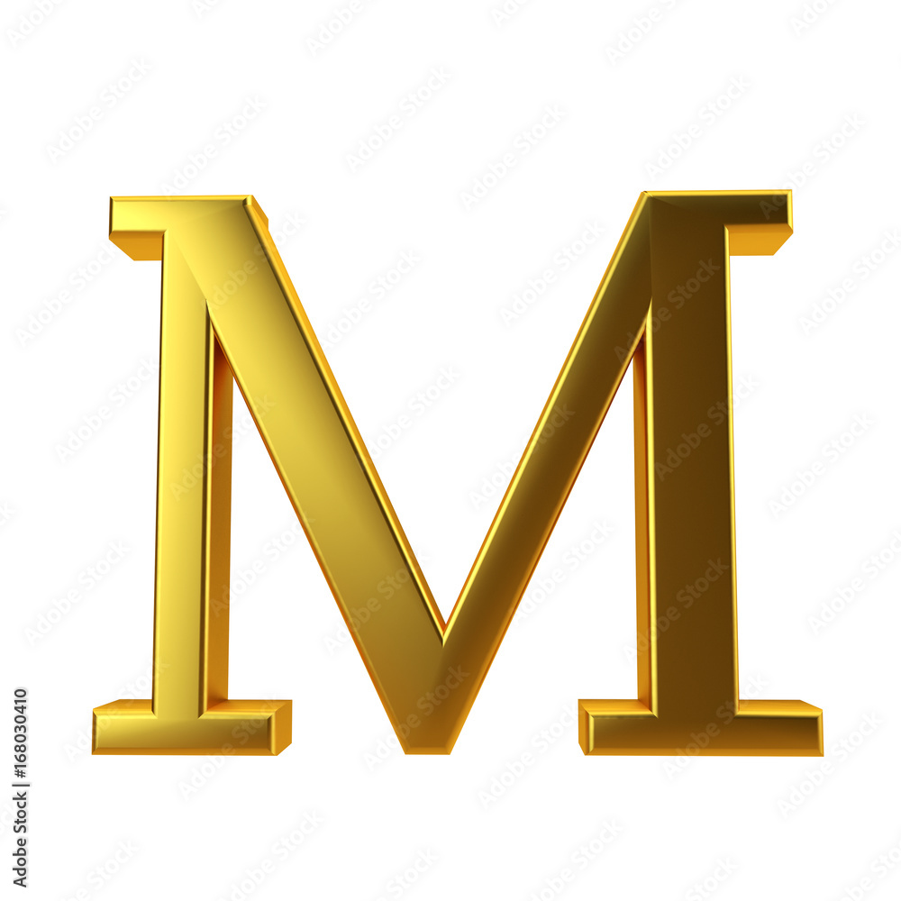 Shiny gold letter M on a plain white background. 3D Rendering Stock ...