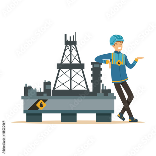 Oilman standing next to an oil rig drilling platform, oil industry extraction and refinery production vector Illustration