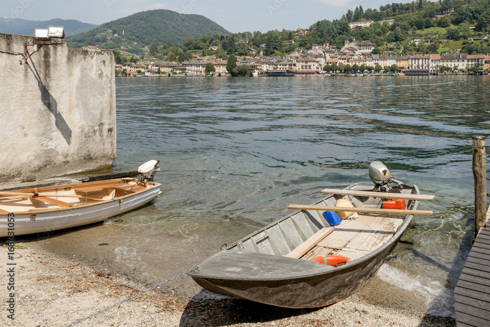 boats ashore on san Giulio island  at Orta lake, Italy