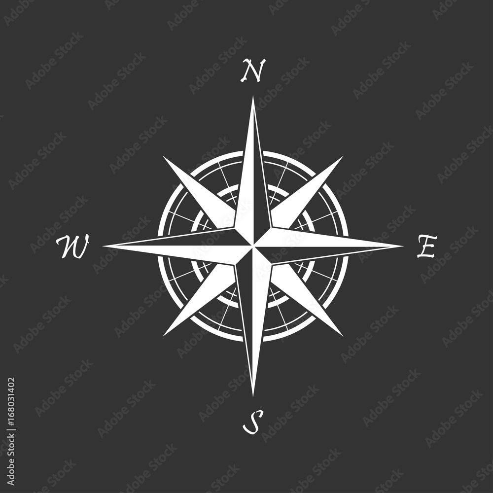 Fototapeta premium White compass icon on a black background. Marine navigation. Sign for adventure map. Vector illustration 