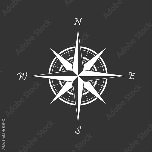 White compass icon on a black background. Marine navigation. Sign for adventure map. Vector illustration 
