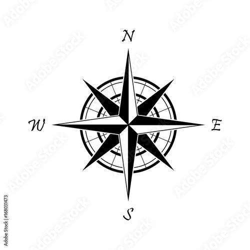 Black compass icon on a white background. Marine navigation. Sign for adventure map. Vector illustration