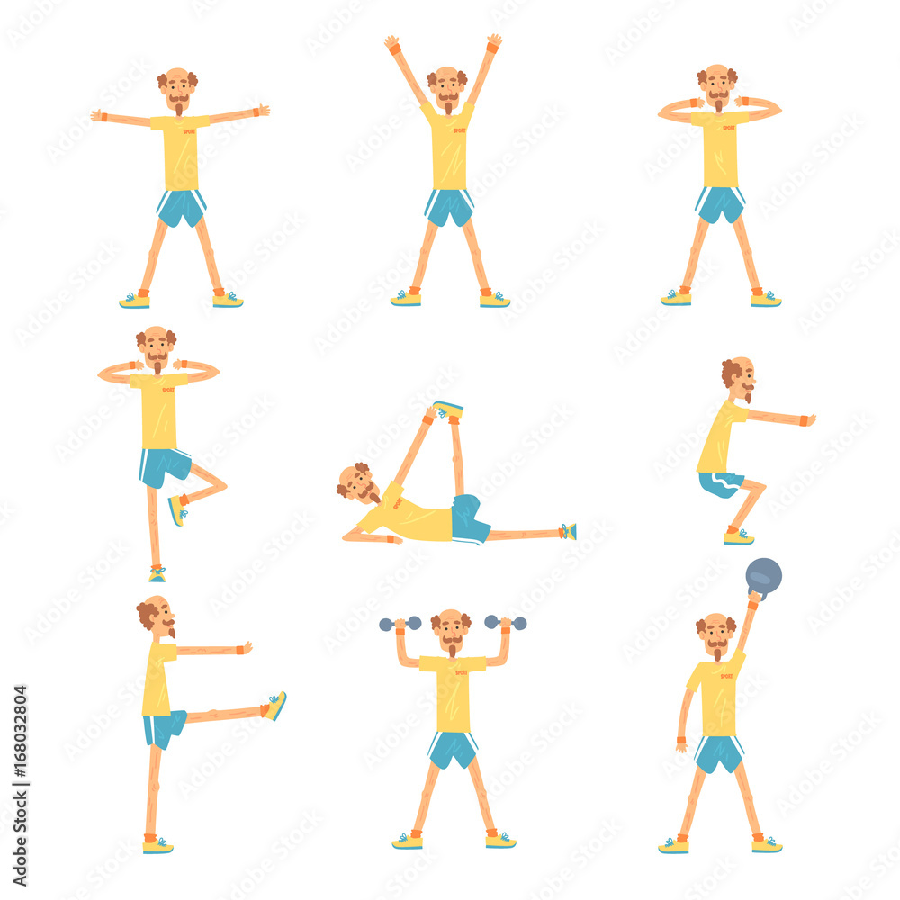 Senior man character exercising set, healthy active lifestyle retiree, elder fitness vector Illustrations Senior man character exercising set, healthy active lifestyle retiree, elder fitness vector Illustrations