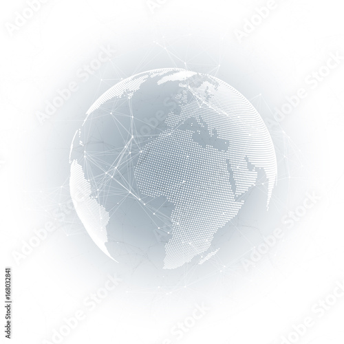 World globe on gray background. Global network connections, abstract geometric design, technology digital concept. Chemistry pattern, molecule structure, connecting lines and dots.