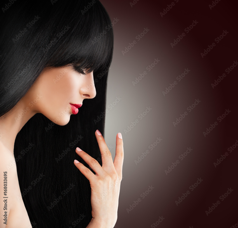 Beautiful Brunette Woman with Long Healthy Hair, Beauty Salon Background