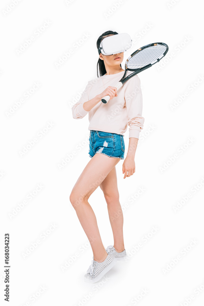 girl playing tennis in virtual reality girl playing tennis in virtual reality