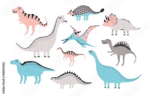 funny dinosaurs collection. Cute childish characters in pastel colors. Colorful hand drawn illustration.