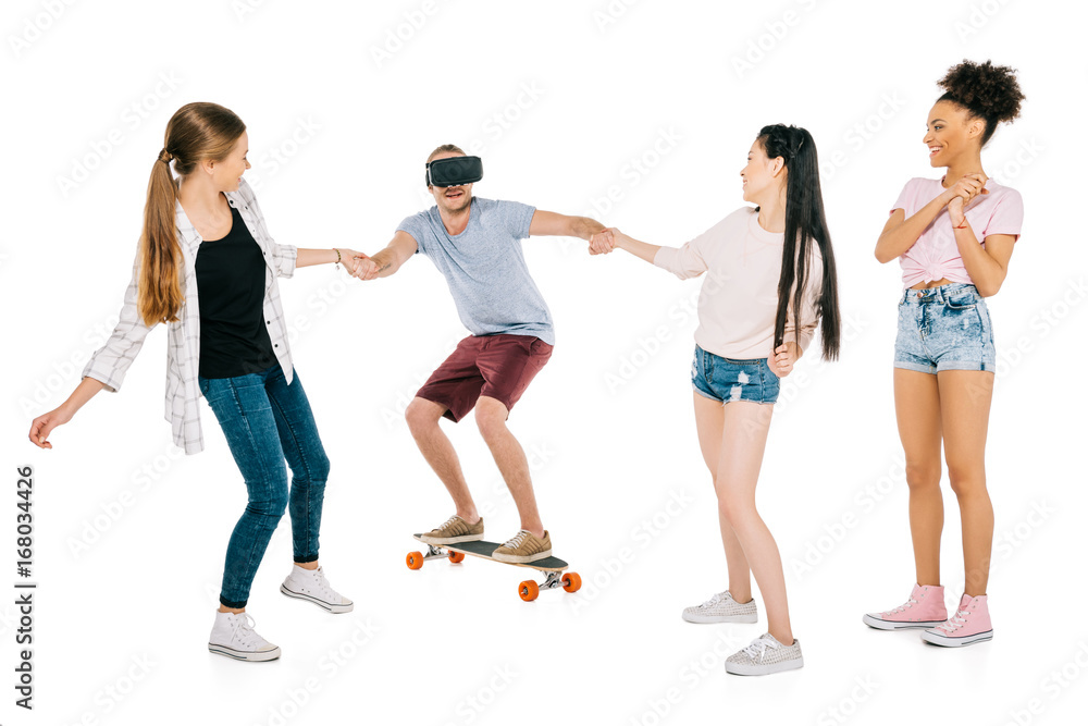 Naklejka premium girls and young man on skateboard
