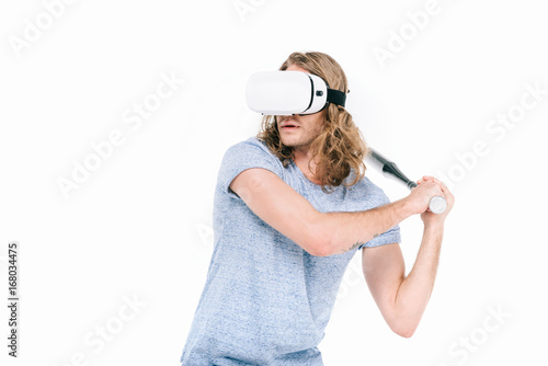 Photography man in virtual reality headset with bat