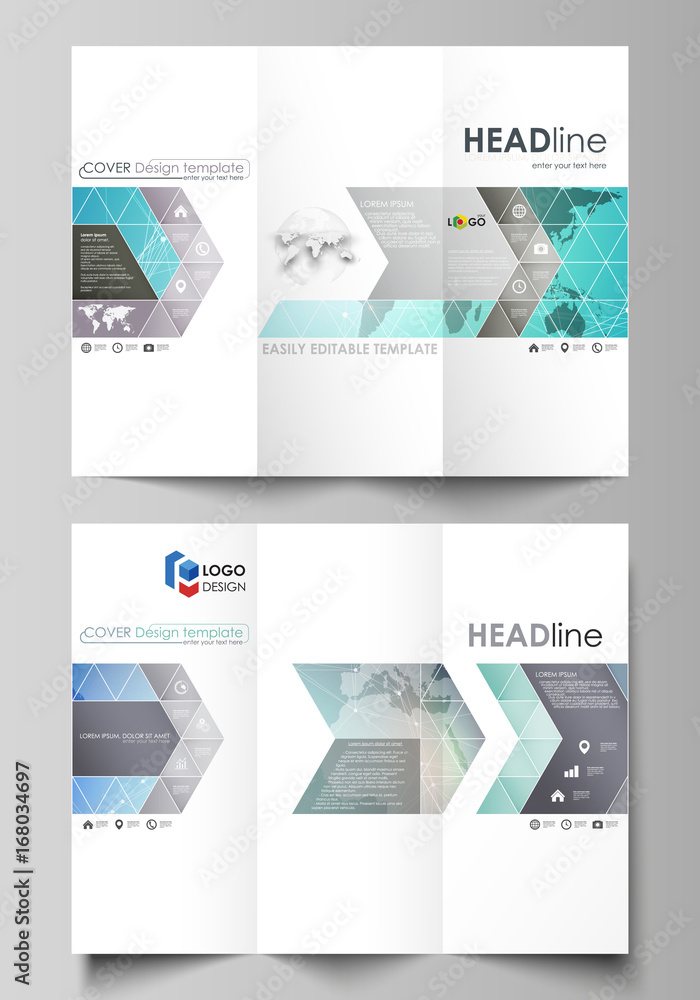 The minimalistic abstract vector illustration of editable layout of two creative tri-fold brochure covers design business templates. Molecule structure, connecting lines and dots. Technology concept.