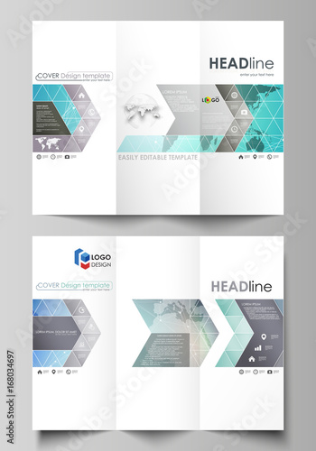 The minimalistic abstract vector illustration of editable layout of two creative tri-fold brochure covers design business templates. Molecule structure, connecting lines and dots. Technology concept.