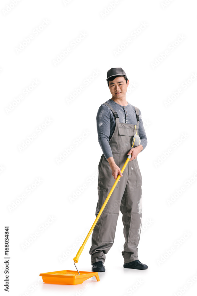 construction worker with roller brush construction worker with roller brush