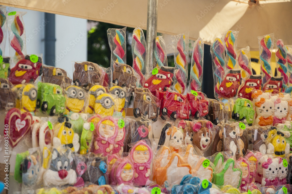 sweet colorfull lollipops in street shop