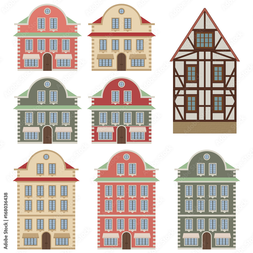 Old town houses. Collection of european vintage buildings