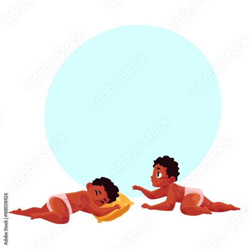 Cute little black, African American baby in diaper sleeping and crawling, cartoon vector illustration with space for text. Little black, African American baby in diaper sleeping and moving