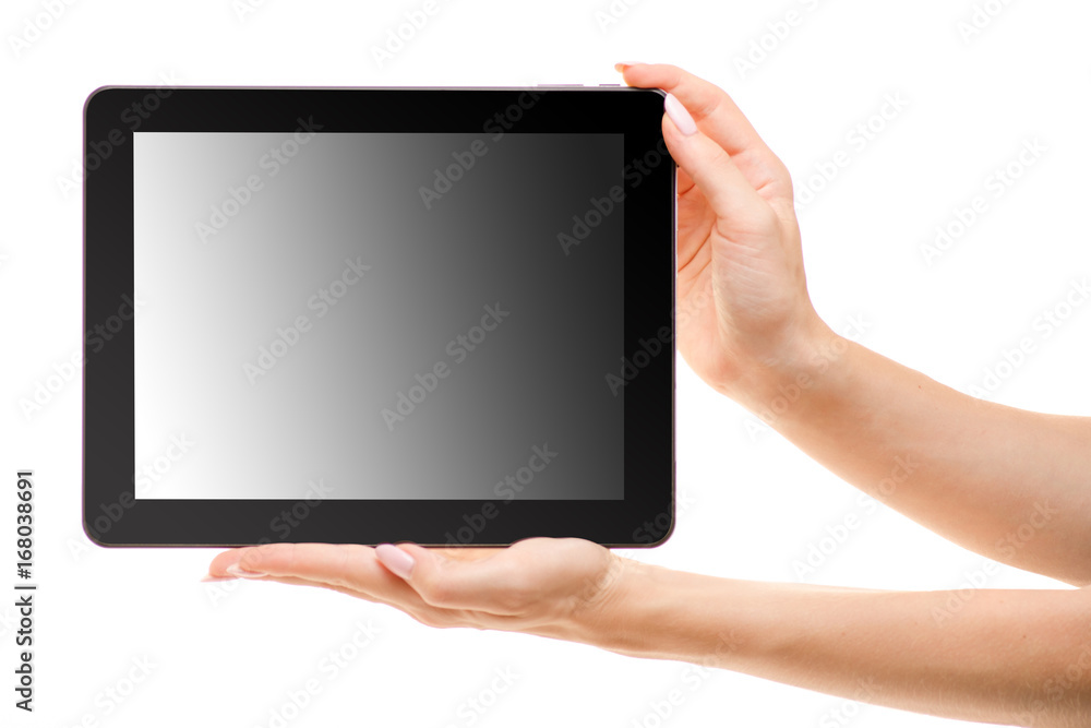Tablet in female hands isolation Tablet in female hands isolation