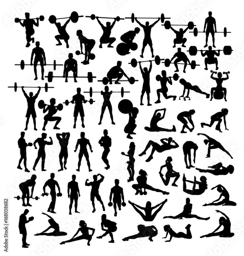 Weightlifter and Gym Fitness Exercise Activity Silhouettes, art vector design 