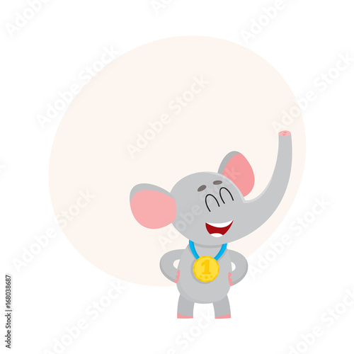 Cute  proud elephant character  champion wearing golden winner medal  cartoon vector illustration with space for text. Little baby elephant champion wearing medal for taking first place