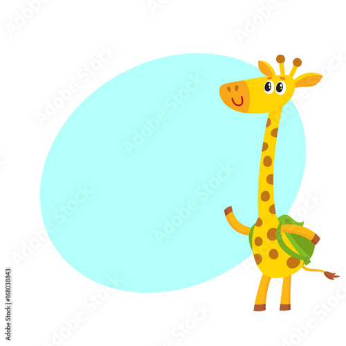 Cute little giraffe animal student character with backpack, back to school concept, cartoon vector illustration with space for text. Little giraffe student with backpack, greeting gesture