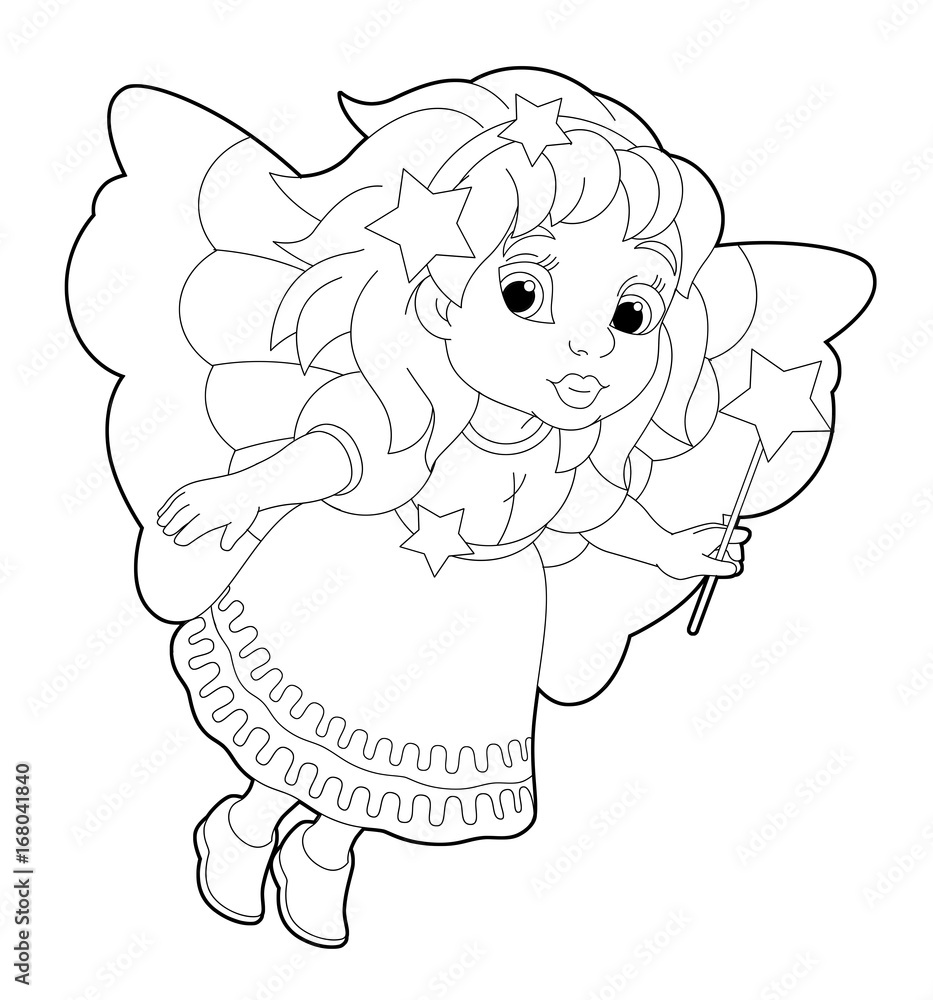 Obraz premium cartoon coloring page of a fairy flying holding wand - illustration for children
