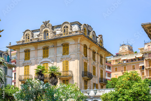 Daylight view to old abandoned hotel or apartments in Rapallo city, Italy